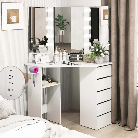 Costway Corner Vanity Desk Cosmetic Vanity Station with LED Mirror,& Power Outlets Black/White {3}