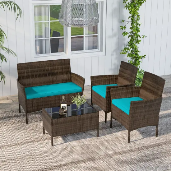 Costway 4 PCS Patio Furniture Set with Washable Cushions and Tempered Glass Coffee Table Beige/Black/Navy/Grey/Turquoise/Red/Blue/Orange {2}