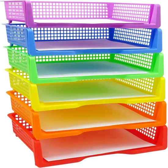 4E's Novelty 6 Colorful Plastic Trays for Teachers, Durable Turn in Trays, Classroom Paper Organizers, Stackable Storage Baskets for Office Desk, Classroom Organization Supplies, 13.3"L x 9.2"W x 3"H {1}