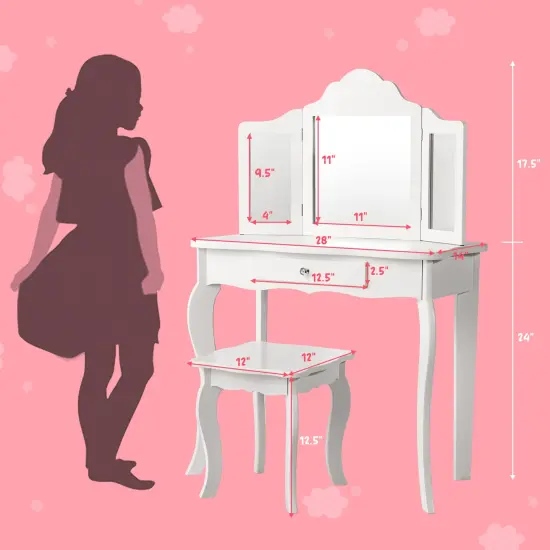 Costway Kid Vanity Table Set with Tri-folding Mirror 2-in-1 Makeup Dressing Table Stool Set {4}
