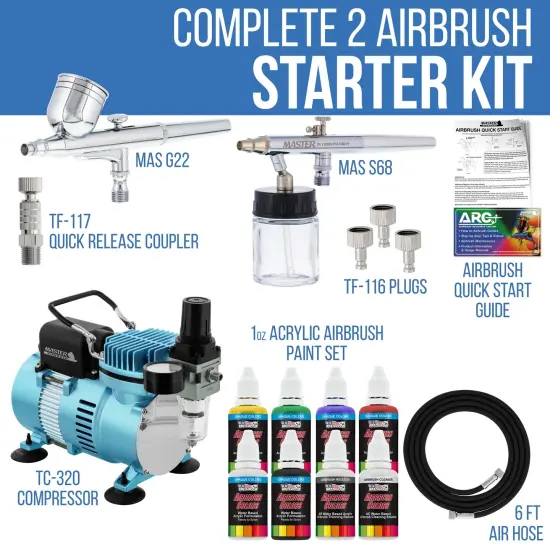 Cool Runner II Dual Fan Air Compressor Airbrushing System Kit with 2 Airbrushes - 6 Primary Colors Acrylic Paint Artist Set - How To Guide {2}