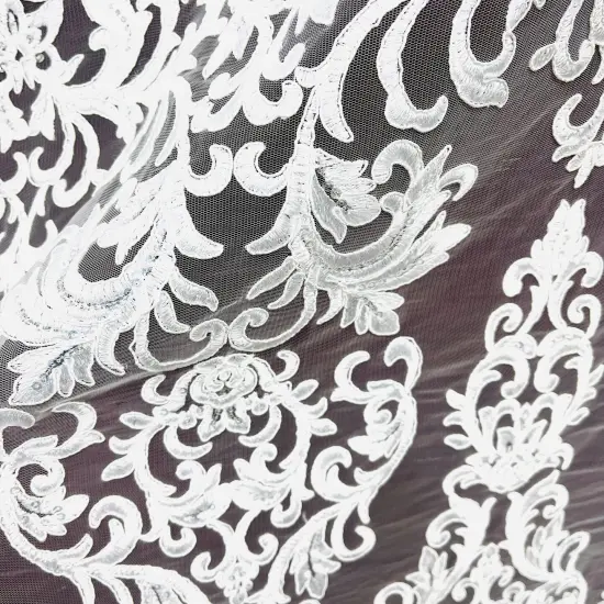 1 Yard Beaded & Corded Lace Fabric on 100% Polyester Net Mesh, White, 51" Wide, Embroidered Lace Fabric {4}