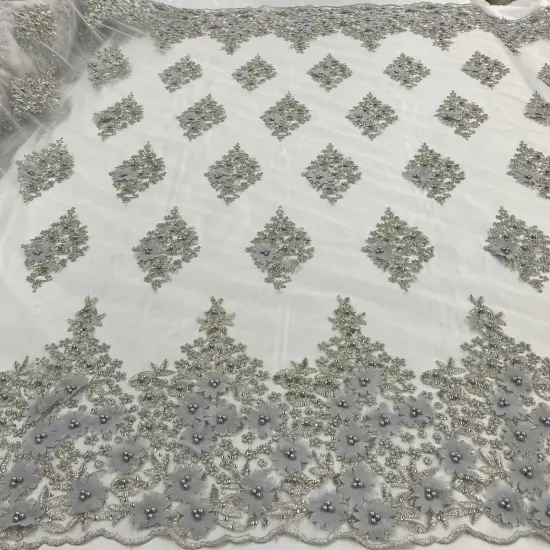 1 Yard Beaded 3D Floral Lace Fabric Embroidered on 100% Polyester Net Mesh 52" Width Silver {1}