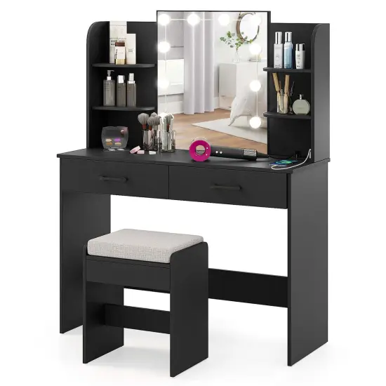 Costway Makeup Vanity Desk with Lighted Mirror Charging Station 3-Color Dimmable LED Lights White/Black {8}