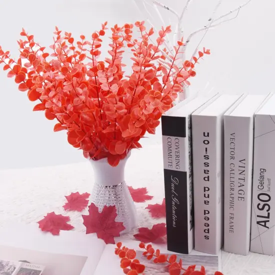 36 Pcs Orange Eucalyptus Stems Artificial Leaves Faux Eucalyptus Stems {5}