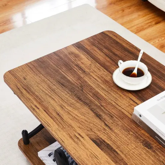 39-Inch Modern Rectangular Coffee Table with Metal Frame and Storage Shelf for Living Room Black & Brown {3}