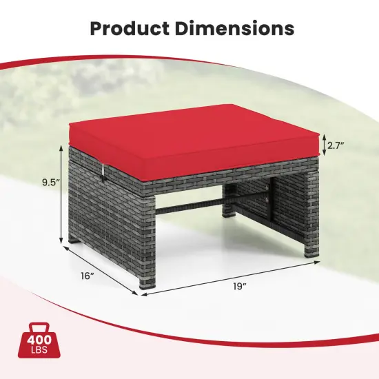 Costway Patio Ottomans Set of 2 PE Rattan Footstools with Removable Cushions & Metal Frame Red/Gray/Black/White/Turquoise/Navy {3}