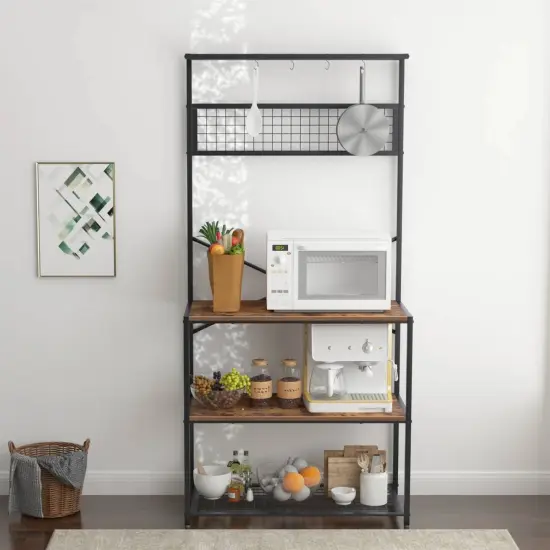 Rustic Brown Wood and Metal Baker&rsquo;s Rack with 5 Shelves, Hooks and Adjustable Feet {3}