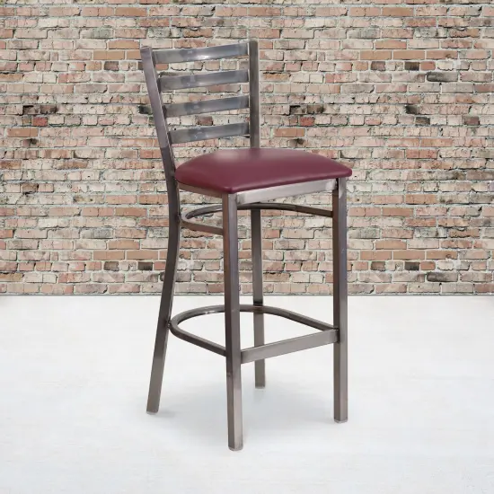Emma and Oliver 2 Pack Clear Coated Ladder Back Metal Restaurant Barstool BurgundVyl/ClearCoat {1}
