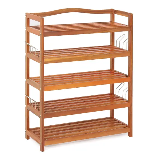 Costway 5-Tier Wood Shoe Rack Solid Acacia Wood Shoe Shelf with Side Metal Hooks {1}