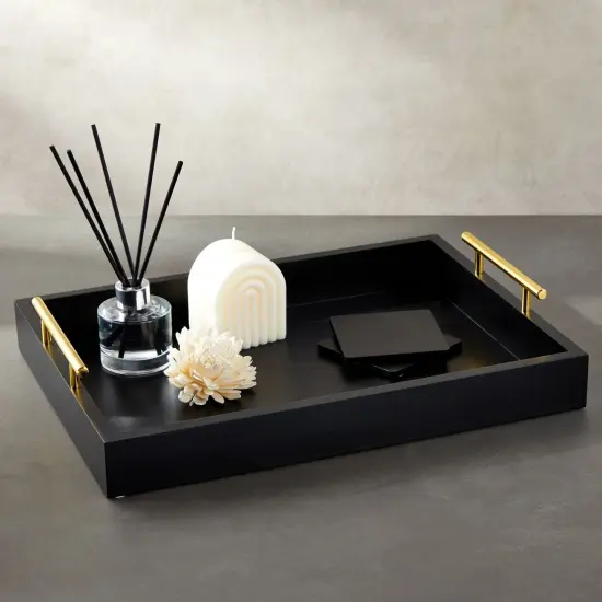 Black Serving Tray for Coffee Table, 16x12" with Coasters, Decorative Interchangeable Gold andSilver Handles {3}