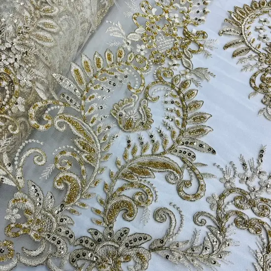 1 Yard Gold Beaded & Corded Bridal Lace Fabric, Embroidered on 100% Polyester Mesh, 52&rdquo; Width Ivory {2}
