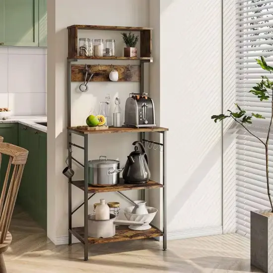 Rustic Brown Wood & Metal Kitchen Baker&rsquo;s Rack with 5 Shelves and Power Outlets {3}