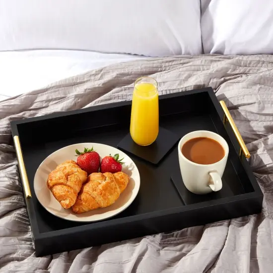 Black Serving Tray for Coffee Table, 16x12" with Coasters, Decorative Interchangeable Gold andSilver Handles {2}