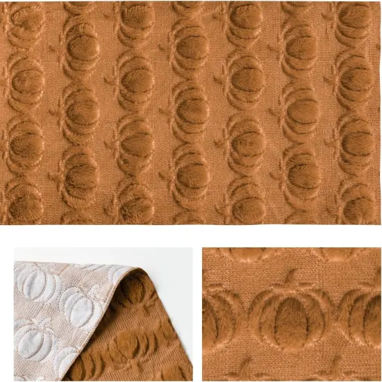 Caramel Soft Plush Faux Fur Jacquard Pumpkins Fall Table Runner,13x72 Inch {5}