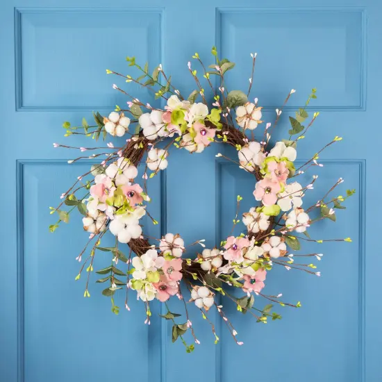 Northlight 18-Inch Pink and Green Hydrangeas with Cotton Artificial Floral Wreath White {1}