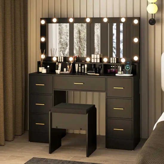 Costway Makeup Vanity Desk with Mirror and Lights Charging Station 3-Color LED Lights Black/White {1}