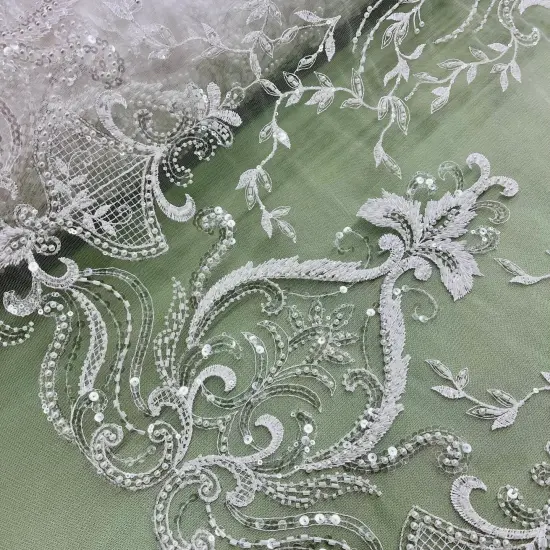 1 Yard Beaded Lace Fabric Embroidered on 100% Polyester Net Mesh, 51" Wide, Premium Lace Fabric for Dresses & Crafts Antique Silver {4}