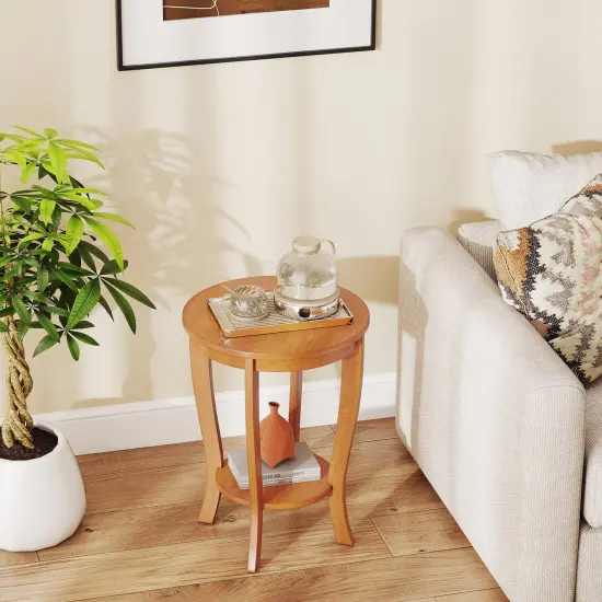 Costway 1/2 PCS 2-Tier End Table 18" Round Compact Sofa Side Nightstand with Storage Shelf White/Light Brown/Brown {2}