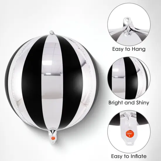 Black and Silver Striped Balloons, 22 Inch Metallic Round Foil Balloons-	Black and Silver {4}