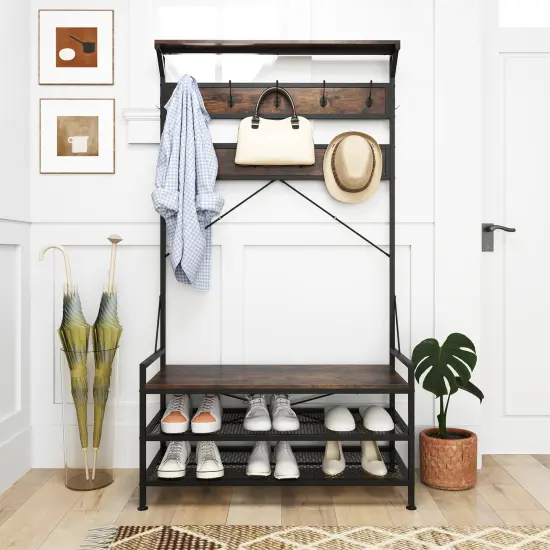 Costway Coat Rack 4-In-1 Hall Tree with 11 Hanging Hooks, Shoe Bench, 2-Tier Shoe Rack Gray/Brown {11}