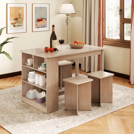 Costway 5 PCS Dining Table Set with Storage Shelf Rectangular Kitchen Table with 4 Stools Beige/Gray {2}