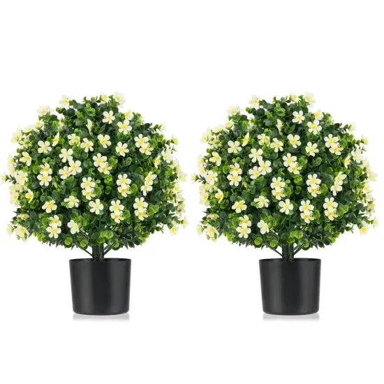 Costway 2 Pack Artificial Boxwood Topiary Ball Tree Faux Shrub Bushes with Flowers White/Purple {1}