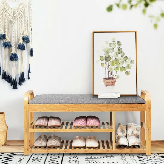 Costway Shoe Rack Entryway 3-Tier Bamboo Shoe Bench Organizer W/Cushion Modern Stool {3}