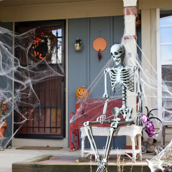 5.4 Feet Life-Size White Poseable Halloween Skeleton with Hanging Rope for Outdoor Decor {2}