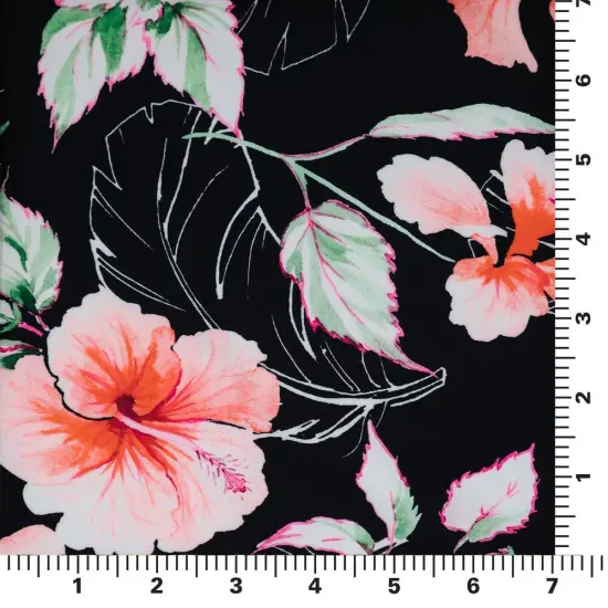 1 Yard Hibiscus Flowers on Black Printed Spandex Fabric 36" x 58/60" Length by Width {2}
