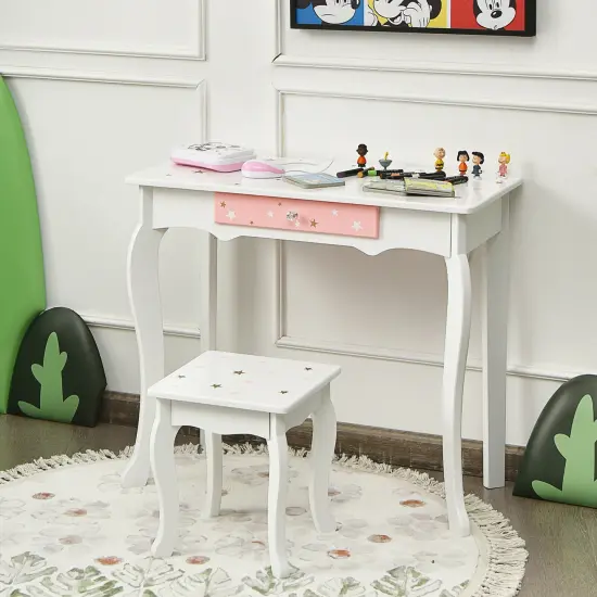 Costway Kids Vanity Princess Makeup Dressing Table Chair Set W/ Tri-folding Mirror {4}