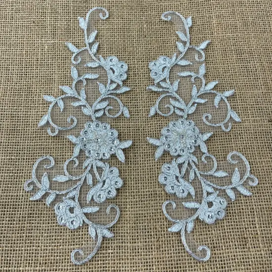 1 Pair Beaded & Corded Floral Lace Applique Embroidered on 100% Polyester 9.5" x 2" Each Side White {4}