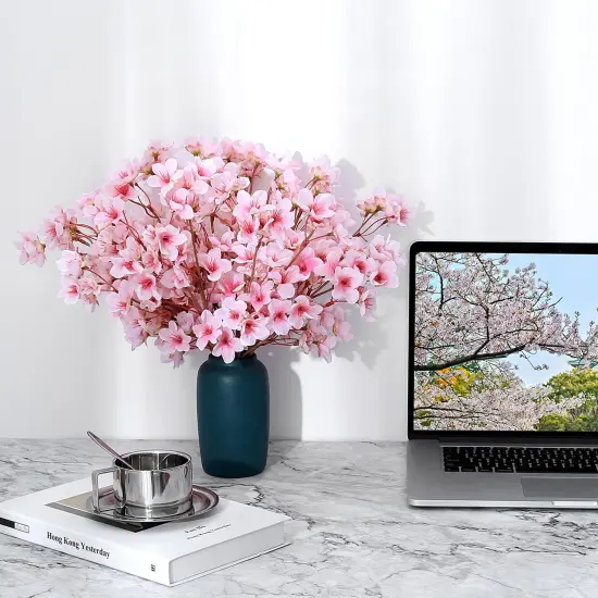6Pcs Artificial Cherry Blossom Branches Decor Fake Flowers 16" Silk Faux Flowers for Decoration Spring Peach Bouquet Home Wedding Bedroom Party Japanese Garden Table Centerpiece Decor(Pink) {6}