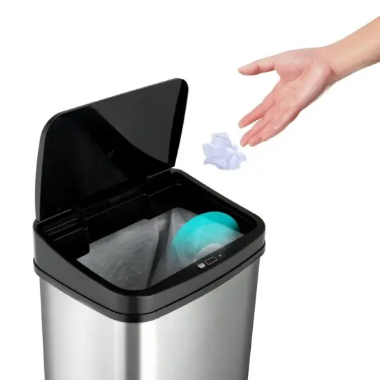 13-Gallon Motion Sensor Trash Can Stainless Steel Kitchen Waste Bin with Odor Seal and Liner Black and Silver {4}