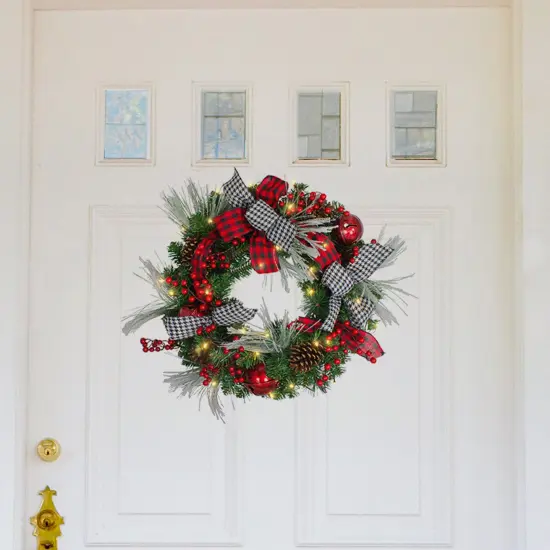Northlight Pre-Lit Plaid and Houndstooth Artificial Christmas Wreath - 24" - Warm White Lights Green {1}