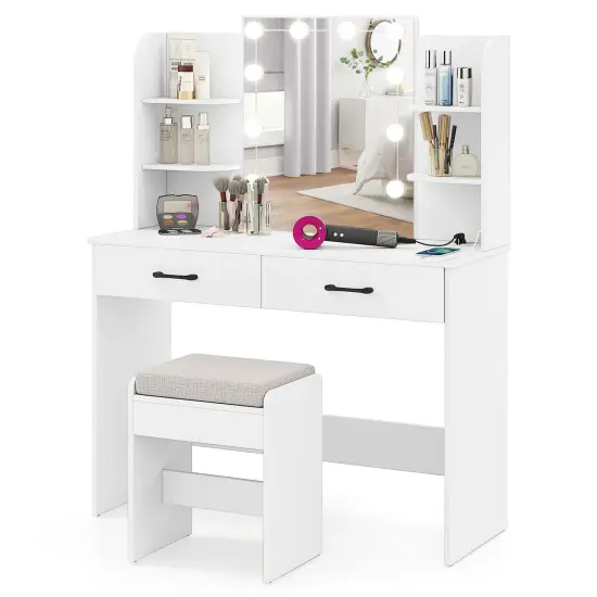 Costway Makeup Vanity Desk with Lighted Mirror Charging Station 3-Color Dimmable LED Lights White/Black {7}