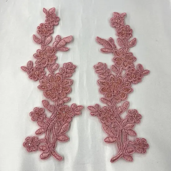 1 Pair Beaded & Corded Floral Lace Applique 10" x 2" Each Side Dusty Rose {1}