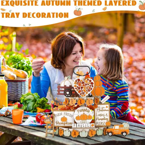23 Pcs Fall Tiered Tray Decoration Set Thanksgiving Pumpkin(23 Pcs,Maple Leaf) {2}