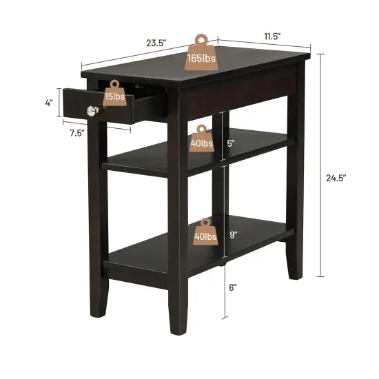 Costway 3-Tier Side End Table with Drawer Double Shelf Narrow Nightstand Espresso\Black {3}