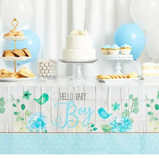 3 Pack Hello Baby Boy Plastic Table Covers for Baby Shower Decorations for Boys, Rustic Brid Design (Blue, 54 x 108 In) {3}