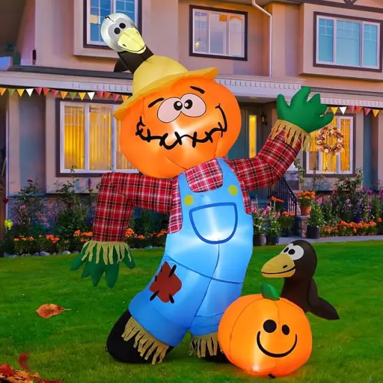 GOOSH 6 FT Thanksgiving Inflatable Decorations Crow Fall Harvest Pumpkin Scarecrow with Built-in LED Lights {2}