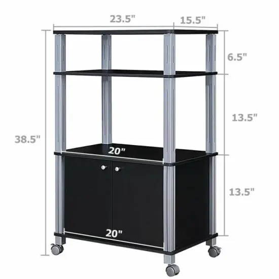3 Tier Kitchen Storage Cart with Wheels Microwave Stand with Shelves and 2-Door Cabinet Black {3}