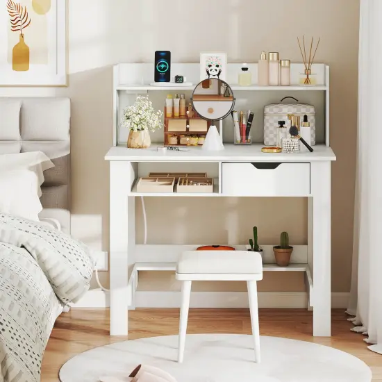 Costway Computer Desk with Power Outlets and USB Ports & Type-C Hutch Open Shelf Drawer Black/White {4}