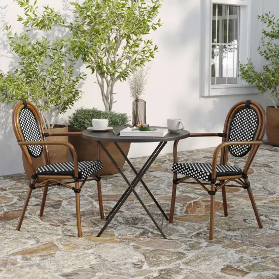 Merrick Lane Celia Set of Two Stacking Thonet Bistro Style Chair with Arms, PE Rattan Seat, and Metal Frame for Indoor/Outdoor Use White&Gray/Natural {9}