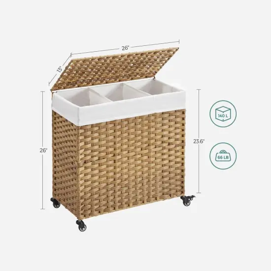 Plastic Laundry Basket Cart with Metal Frame and 3 Removable Bags Natural {2}