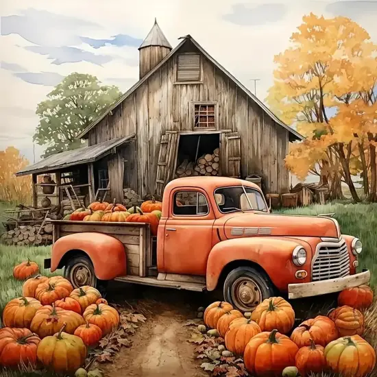 13.8x13.8 Inch - Pumpkin Truck Farmhouse Diamond Painting Kits for Adults {1}