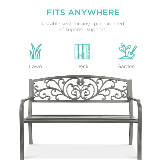 Best Choice Products Outdoor Steel Bench Garden Patio Porch Furniture w/ Floral Design Backrest Gray {3}