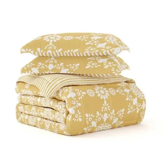 Reversible Daisy Medallion Striped Comforter Set Down Filled Microfiber with Pillow Shams {1}