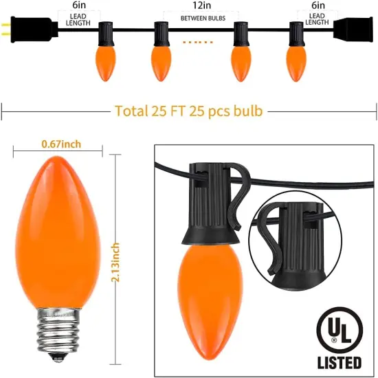 25Ft Vintage Christmas Lights C7 Orange String Lights {2}