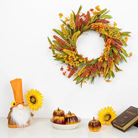 Fall Wreath Orange Yellow Sorghum Ear and Wildflower {2}